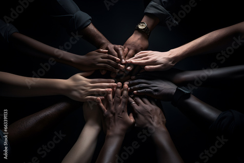  multi-ethnic Hands united together in the air in an office room. Working together concept