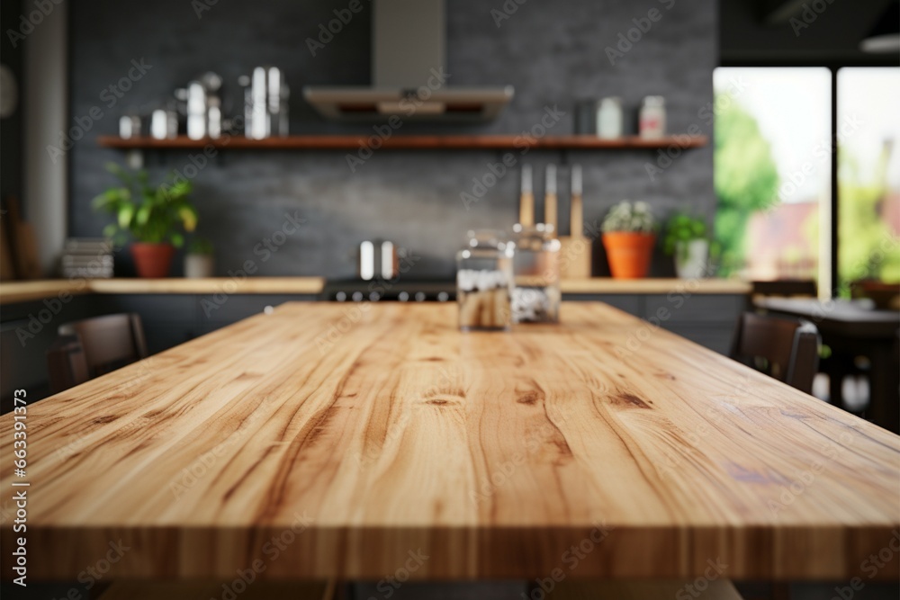 Tabletop of wood set atop a gently blurred kitchen counter