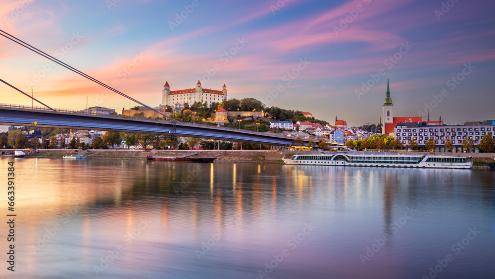 Bratislava, Slovakia. Cityscape image of Bratislava, capital city of Slovakia during beautiful autumn sunset.