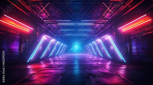 Dark neon corridor. Sci Fy neon glowing lamps in a dark tunnel. Reflections on the floor and walls, rays and spotlights. Generation AI © MiaStendal