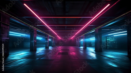 Dark neon corridor. Sci Fy neon glowing lamps in a dark tunnel. Reflections on the floor and walls, rays and spotlights. Generation AI © MiaStendal