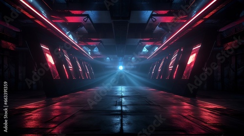 Dark neon corridor. Sci Fy neon glowing lamps in a dark tunnel. Reflections on the floor and walls  rays and spotlights. Generation AI