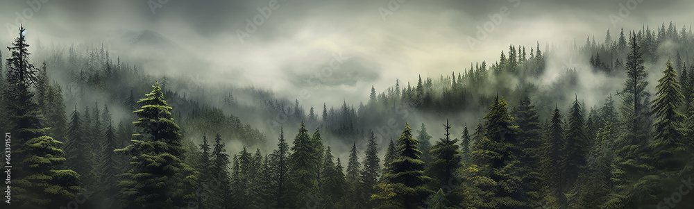 panorama of a coniferous forest in the mist of tree tops. - obrazy, fototapety, plakaty 
