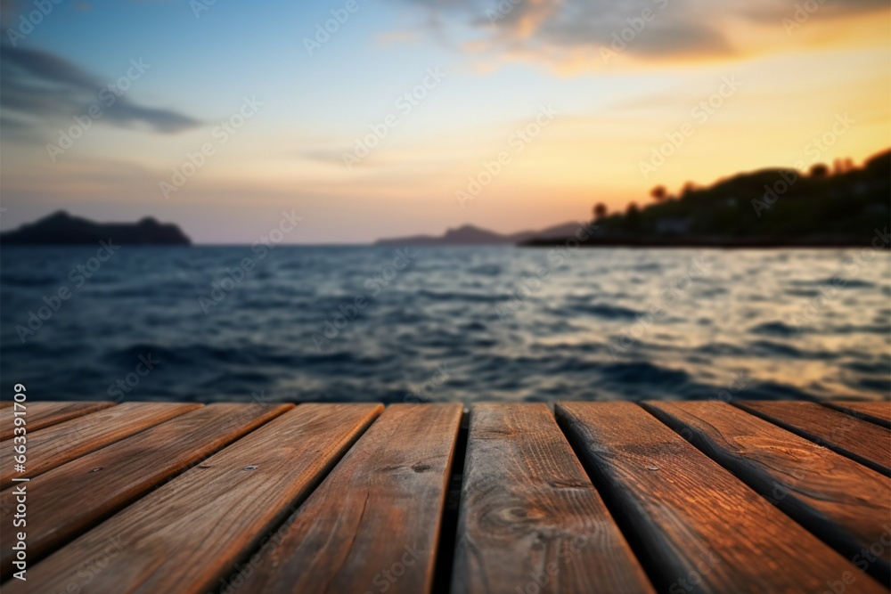 Table by the shore Beautiful blurred sea sunset on wooden surface