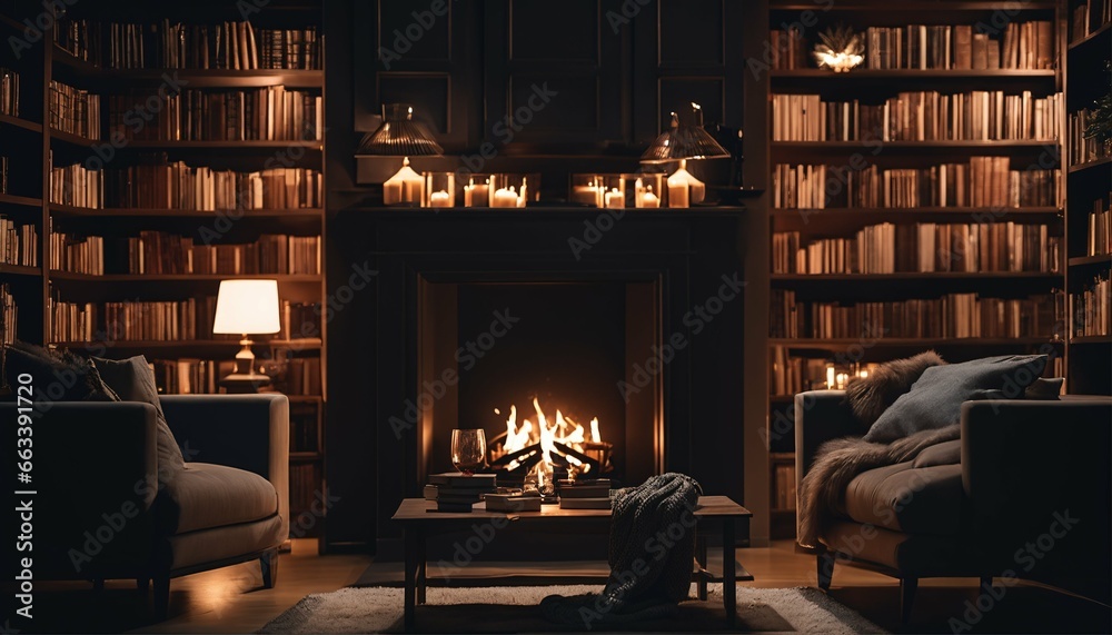 Comfortable fireplace room: Warm fire, bookshelves, and cozy armchairs - obrazy, fototapety, plakaty 