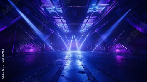 Glowing neon purple pink blue lights in an empty concrete room. Generation AI © MiaStendal