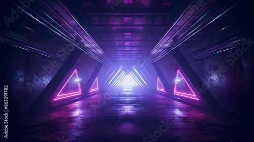 Glowing neon purple pink blue lights in an empty concrete room. Generation AI