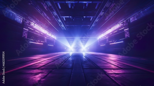 Glowing neon purple pink blue lights in an empty concrete room. Generation AI © MiaStendal