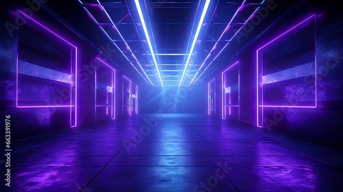 Glowing neon purple pink blue lights in an empty concrete room. Generation AI