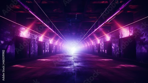 Glowing neon purple pink blue lights in an empty concrete room. Generation AI