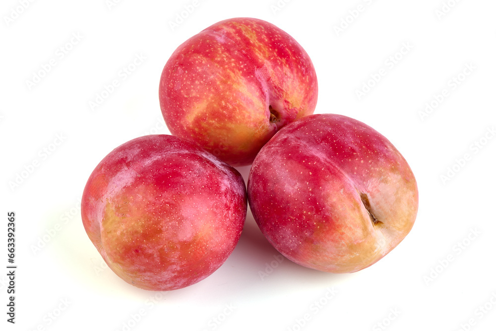 Red plum fruits, isolated on white background. Red plum fruits, isolated on white background.