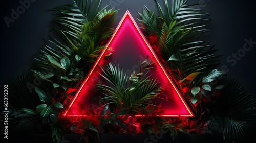 Red Neon Triangle surrounded by Tropical Leaves. Exotic Backdrop with Copy Space