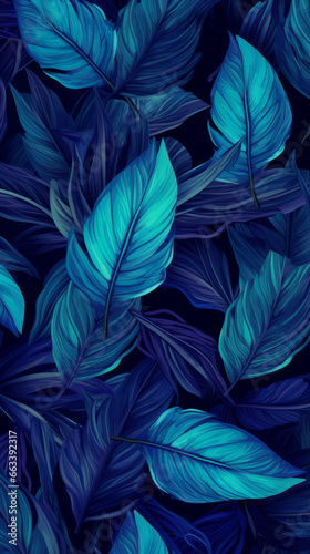 Blue leaves wallpaper background. Product presentation invitation template.