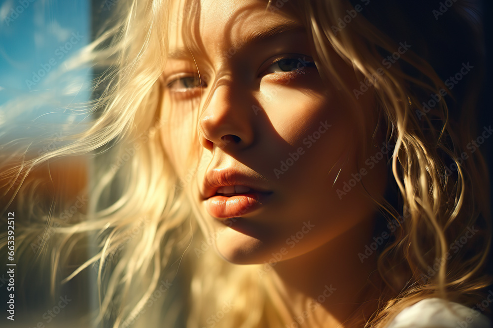Naklejka premium Luminous Elegance Abstract Portrait of a Blonde Woman Bathed in Sunlight. created with Generative AI