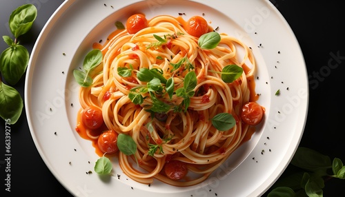 Tomato pasta on a white plate