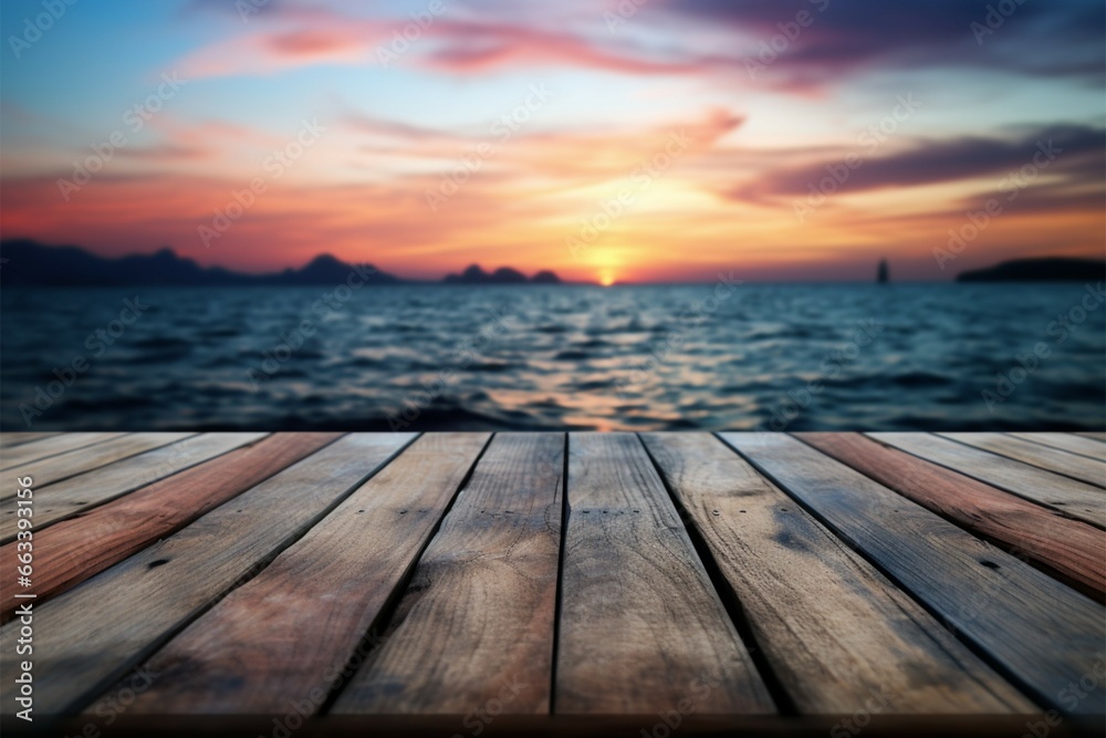 Fototapeta premium Tranquil horizon A wooden table amid a stunning, blurred sea sunset