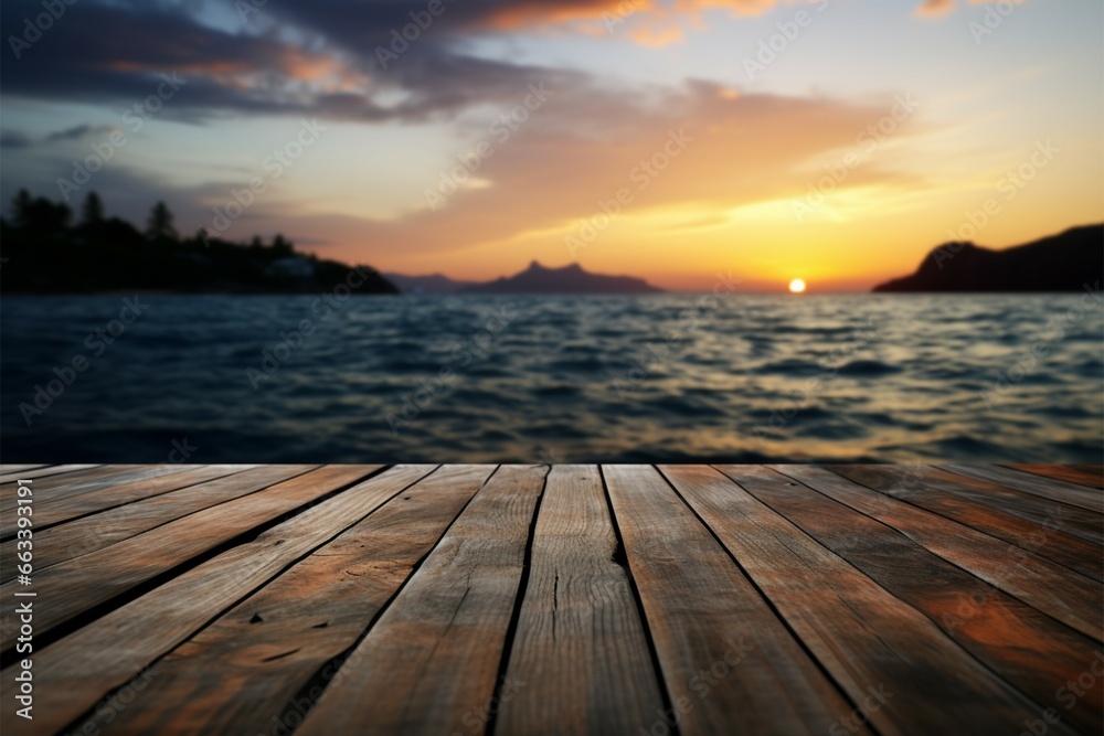 Tranquil horizon A wooden table amid a stunning, blurred sea sunset