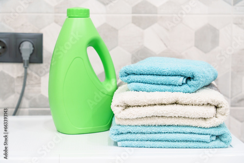 Stack of bath towels. Clean towels in the laundry or bathroom.