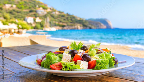 Greek salad with vegetables at beach restaurant