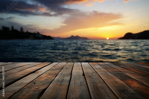 Tranquil horizon A wooden table amid a stunning, blurred sea sunset © Jawed Gfx