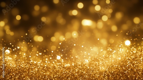Sophisticated festive background adorned with golden sparkles, radiant particles, bokeh effects. Ideal for holiday- themed advertising, packaging, gifts, banners, posters, greeting cards. Copy space.