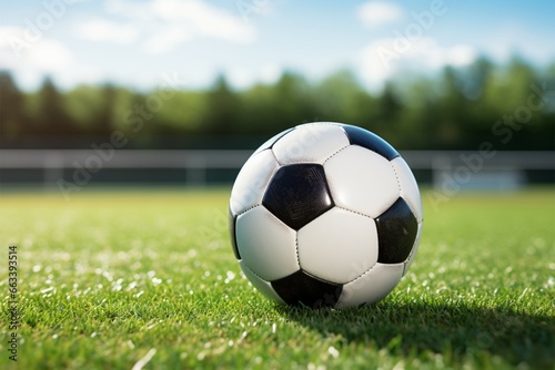 The soccer ball positioned at the center of the playing field