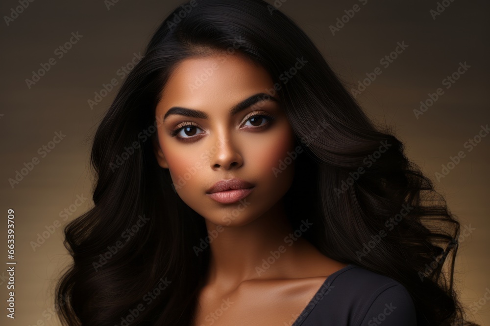 a macro close-up studio fashion portrait of a face of a young african woman with perfect skin, black hair and immaculate make-up. Skin beauty and hormonal female health concept a macro close-up studio fashion portrait of a face of a young african woman with perfect skin, black hair and immaculate make-up. Skin beauty and hormonal female health concept