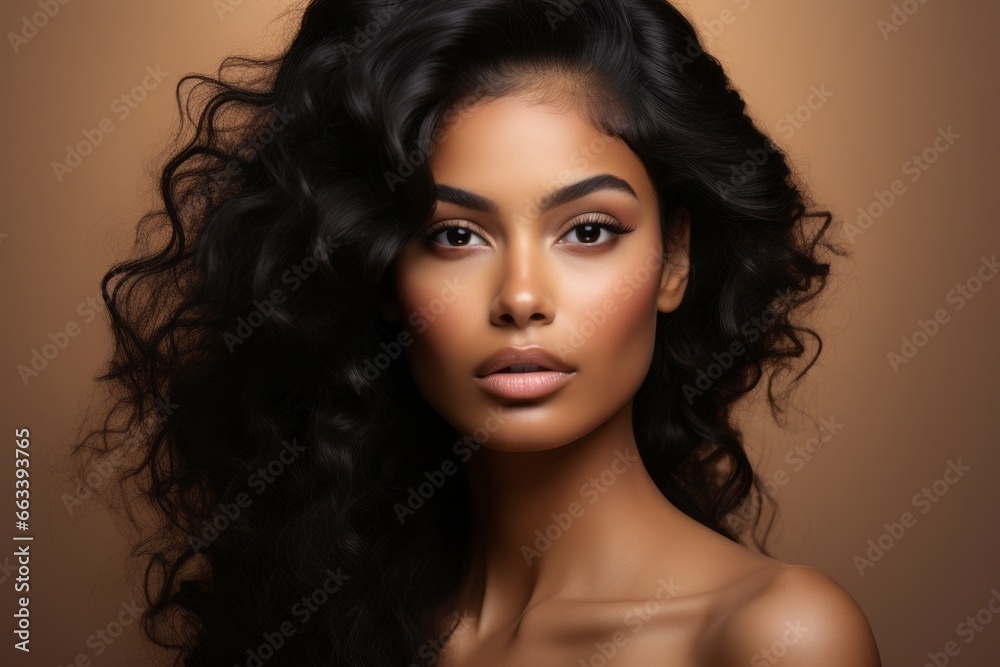 Naklejka premium a macro close-up studio fashion portrait of a face of a young african woman with perfect skin, black hair and immaculate make-up. Skin beauty and hormonal female health concept