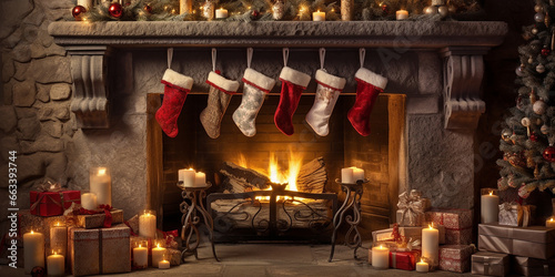 Christmas stocking on the fireplace, Christmas gifts, Christmas presents, winter hollidays 