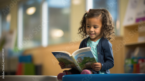 A little girl preschooler reading a book sitting at her desk in the classroom photo