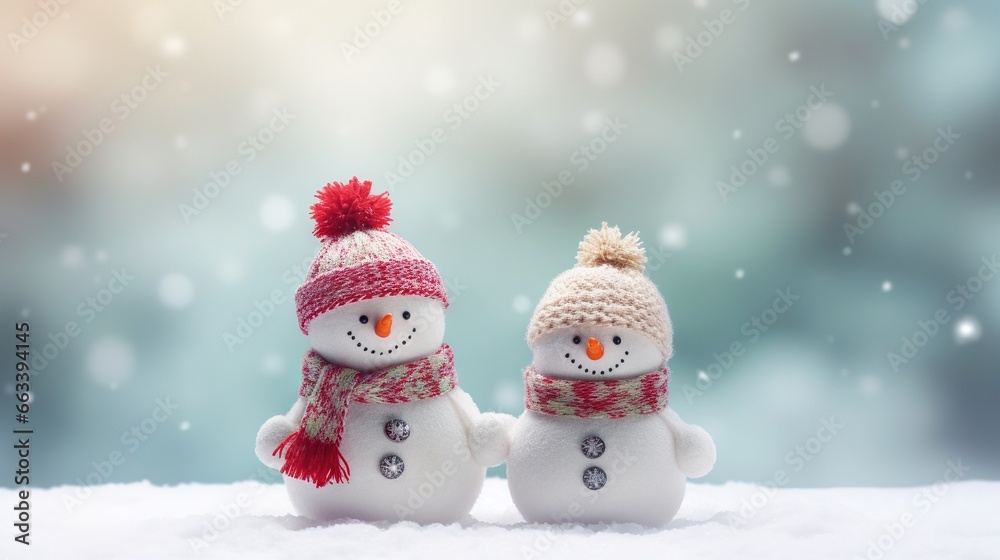  a couple of snowmen standing next to each other in the snow.  generative ai