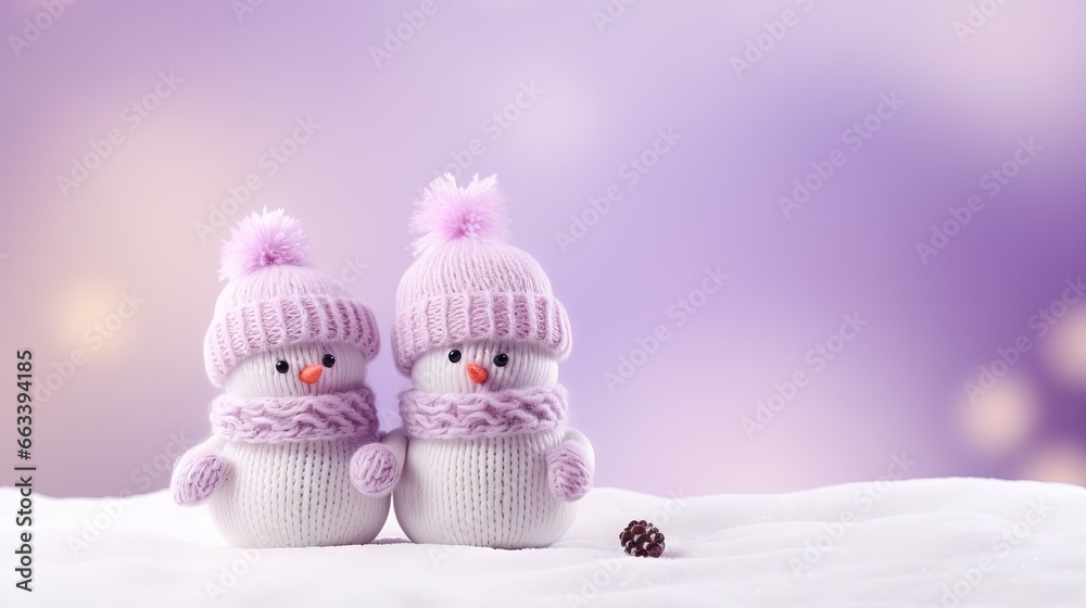 two knitted snowmen with pink hats and scarves. generative ai two knitted snowmen with pink hats and scarves. generative ai