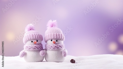  two knitted snowmen with pink hats and scarves. generative ai