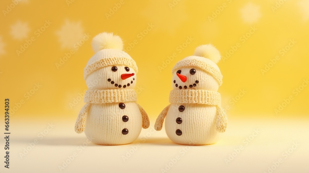a couple of snowmen standing next to each other on a yellow background. generative ai a couple of snowmen standing next to each other on a yellow background. generative ai