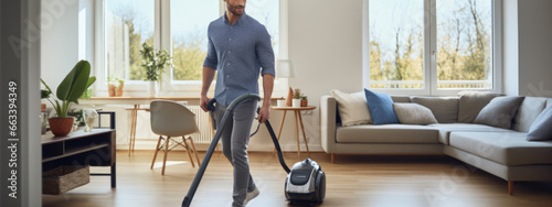 Man cleans his house with a vacuum cleaner photo