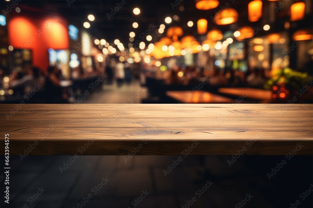 Versatile mock up space A dark wooden table against a blurred restaurant backdrop