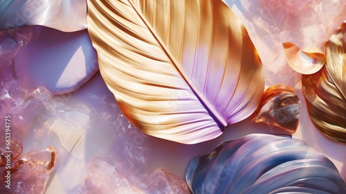  a close up of a bunch of leaves on a surface of liquid or water with a gold leaf on top of the other leaf, and a purple and gold leaf on the bottom of the image. generative ai
