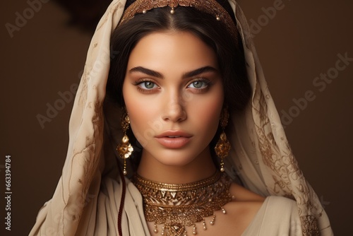 a macro close-up studio fashion portrait of a face of a young turkish woman with perfect skin, black hair and immaculate make-up. Skin beauty and hormonal female health concept