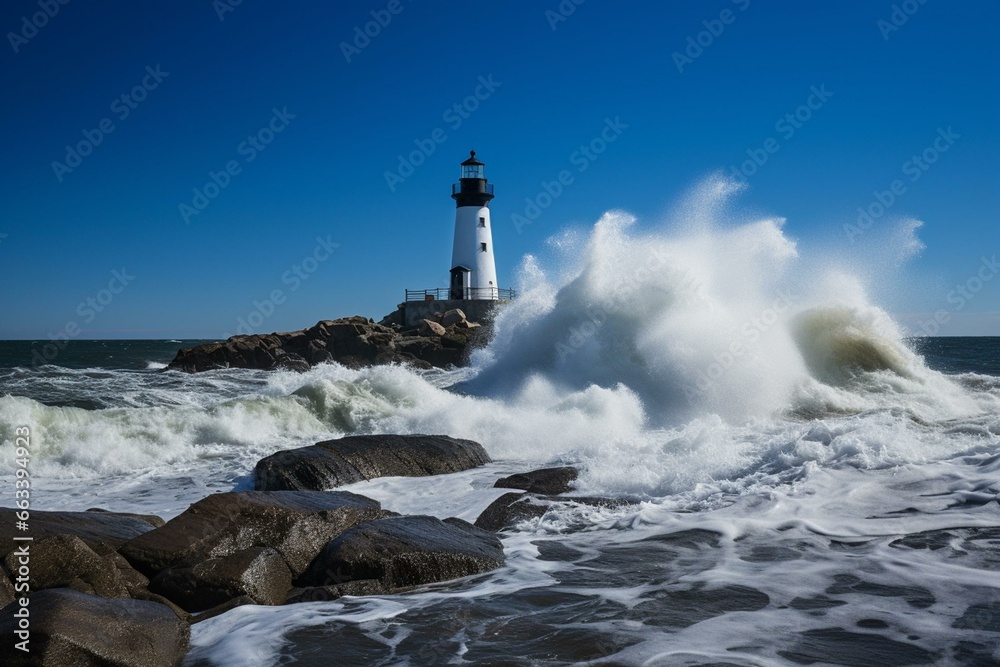 A powerful sea wave hits the shoreline near a distant lighthouse under a clear blue sky. Generative AI