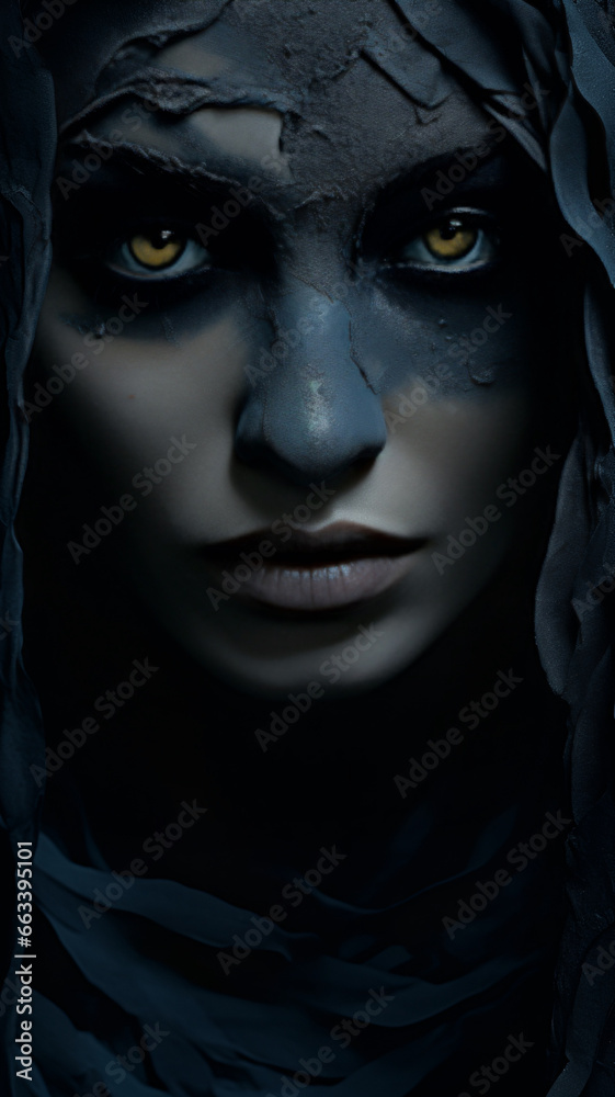 a portrait of a woman in a dark scary Halloween background. 