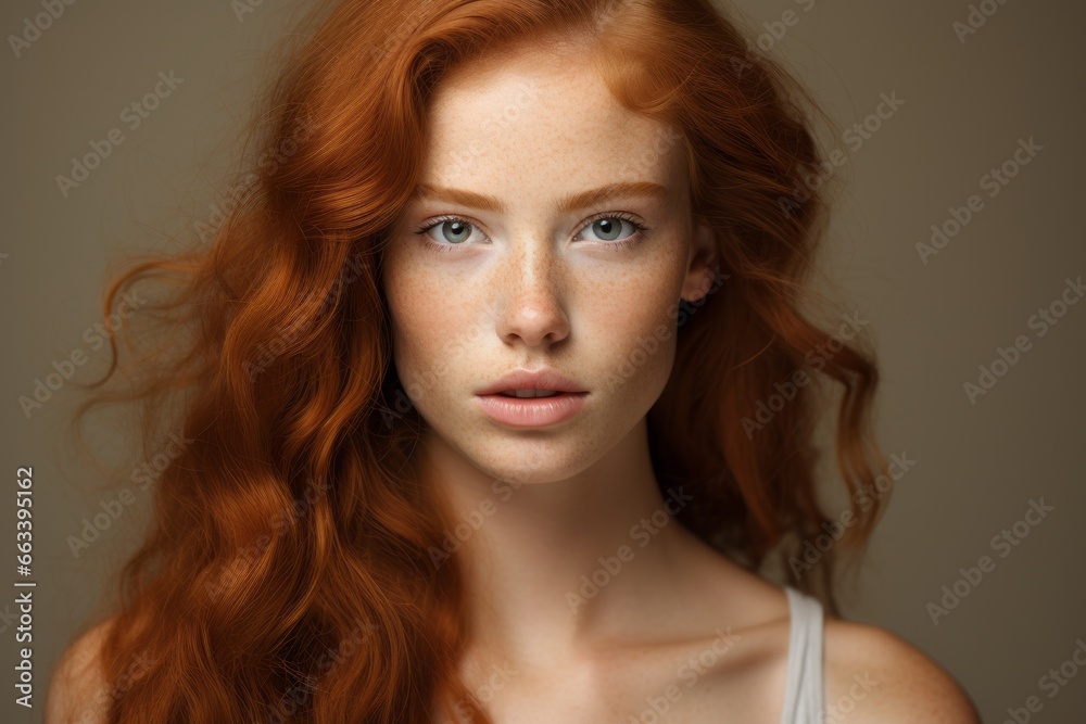 a macro close-up studio fashion portrait of a face of a young redhead woman with perfect skin, red hair and immaculate make-up. Skin beauty and hormonal female health concept a macro close-up studio fashion portrait of a face of a young redhead woman with perfect skin, red hair and immaculate make-up. Skin beauty and hormonal female health concept