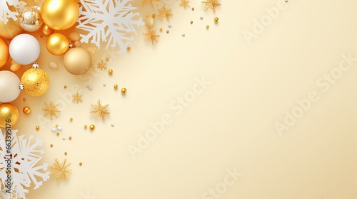  a yellow and white christmas background with gold and white ornaments.  generative ai
