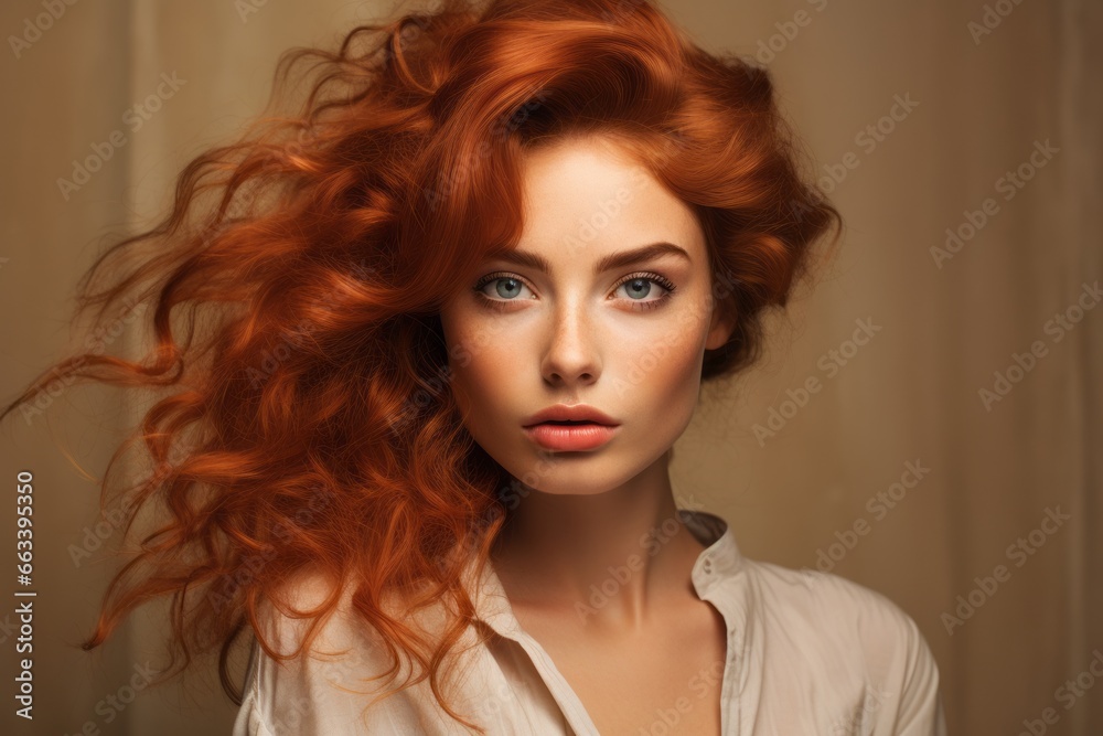 Naklejka premium a macro close-up studio fashion portrait of a face of a young redhead woman with perfect skin, red hair and immaculate make-up. Skin beauty and hormonal female health concept