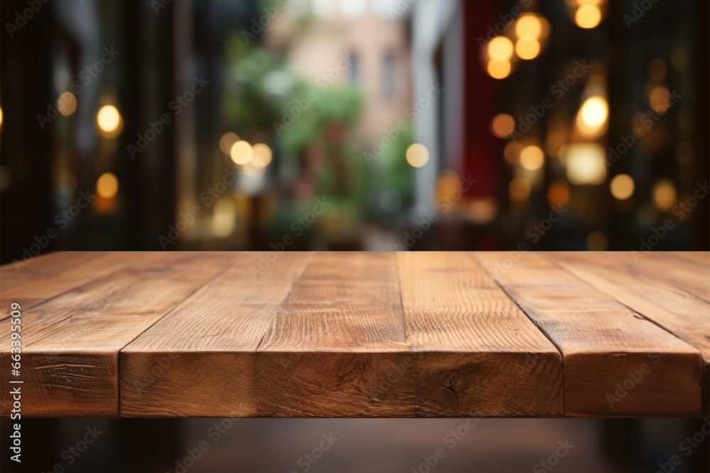 Versatile product display space empty wooden table with restaurant backdrop Versatile product display space empty wooden table with restaurant backdrop