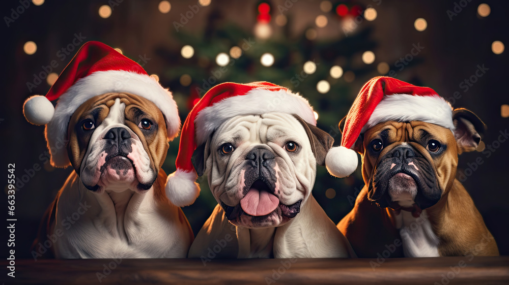 Three dogs sitting and posing with Santa hats against a Christmas background. Merry Christmas