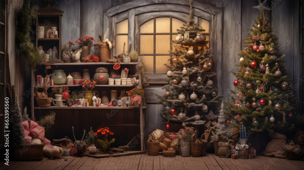 Vintage log cabin interior decorated with two Christmas trees. Merry Christmas