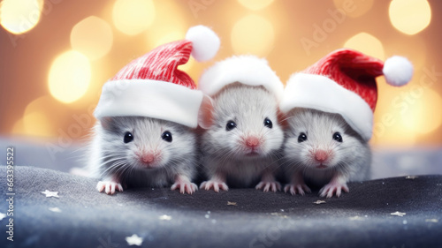 three little mice, posing with Santa hats. Merry christmas