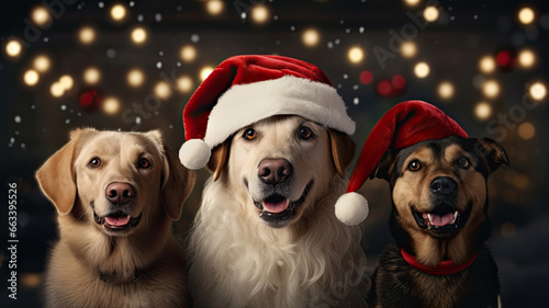 Three dogs, posing with Santa hats with a starry background. Merry Christmas
