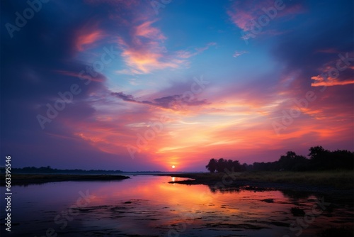 Vibrant hues adorn tranquil sunset landscape, natures masterpiece
