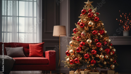 Interior living room with golden Christmas tree with red and yellow balls. Merry christmas